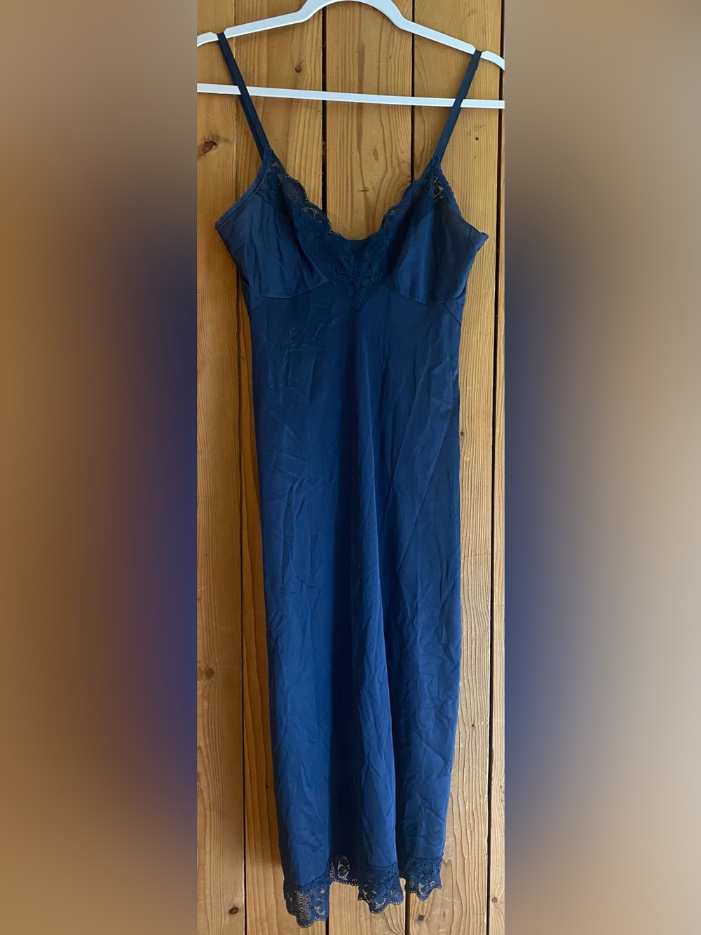Vintage Navy Satin Slip Gown for Dress with Lace Detail